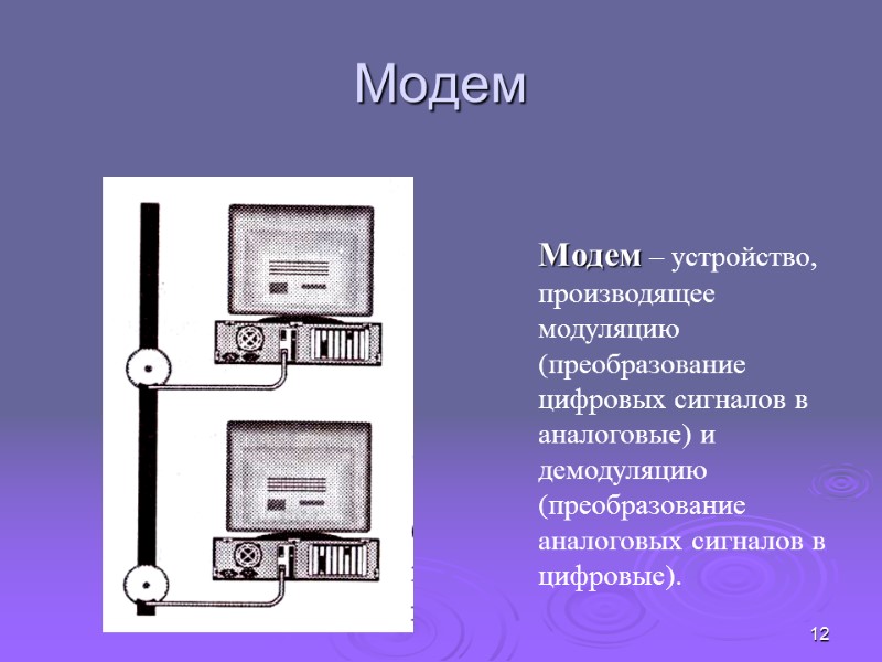 12 Модем Модем – устройство, производящее модуляцию (преобразование цифровых сигналов в аналоговые) и демодуляцию